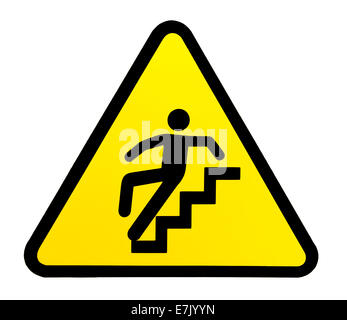 Yellow triangular sign warning for slippery stairs when wet Stock Photo