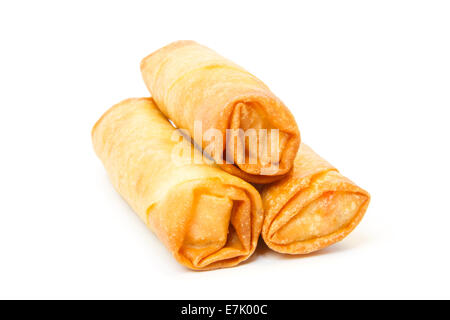 Three fried spring rolls against white background Stock Photo