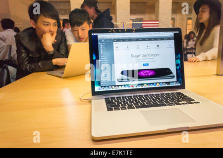 New York, USA. 19th September, 2014. Customers amuse themselves with a laptop as they line up at the Apple store in Grand Central Terminal in New York  to purchase the new iPhone 6 and 6 Plus on on the day of its release.  The new phones were introduced contain the new iOS 8 and the 6 Plus sports a large 5.5 inch display. Credit:  Richard Levine/Alamy Live News Stock Photo