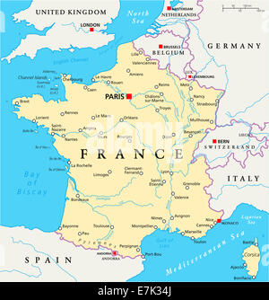 France Political Map with capital Paris, national borders, most important cities and rivers. English labeling and scaling. Stock Photo