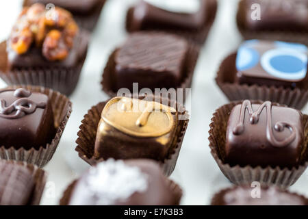 Delicious gourmet chocolate truffles hand made by professional chocolatier. Stock Photo