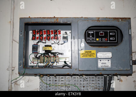 A vandalised distribution / fuse box / electricity supply in an old monitoring building at Lavernock Wales Stock Photo
