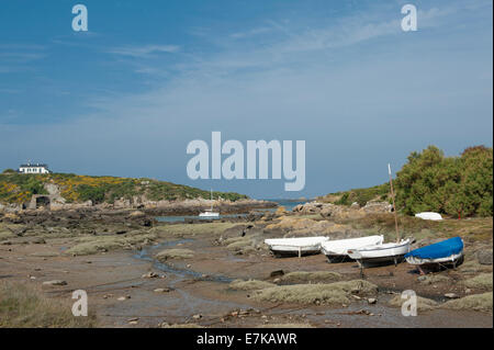 Boats moored at low tide in an inlet  of the Chausey Channel at Grand-Île, Chausey Islands, Basse-Normandie, France