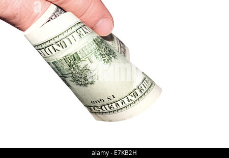 Banknote of hundred dollars in a man's hand isolated on white Stock Photo