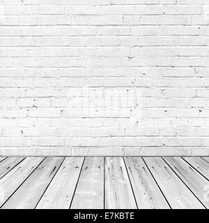 White brick wall and wooden floor, abstract interior background Stock Photo