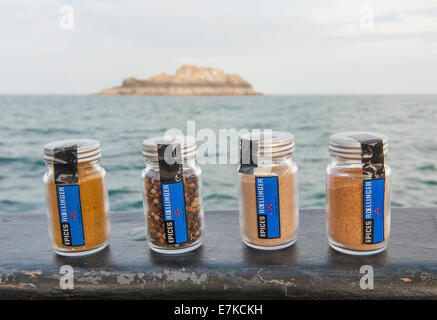Selection of famous spices by three-star michelin chef Olivier Roellinger used in the gourmet cruise, Cancale, Brittany Stock Photo
