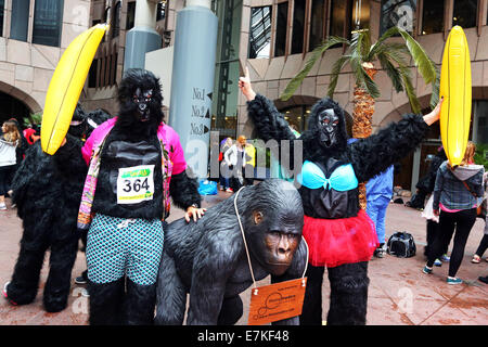 London, UK. 20th September 2014. Participants in the Great Gorilla Run 2014. Hundreds of people dressed up as gorillas, many of them in fancy dress took part in the Great Gorilla Run to raise money for Mountain Gorillas which are on the edge of extinction. Less than 800 are left in the wild. Credit:  Paul Brown/Alamy Live News Stock Photo