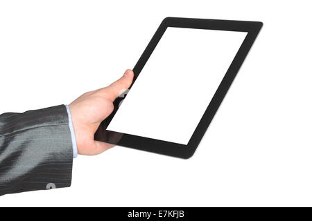 Man hand holding tablet PC on white background Stock Photo