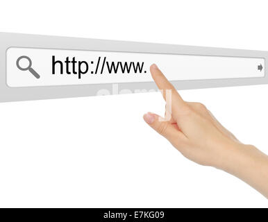 Hand pushing virtual search bar on white background, internet concept Stock Photo