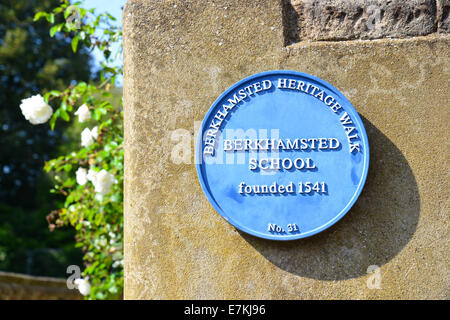 Berkhamsted School (founded 1541) blue plaque, Castle Street, Berkhamsted, Hertfordshire, England, United Kingdom Stock Photo