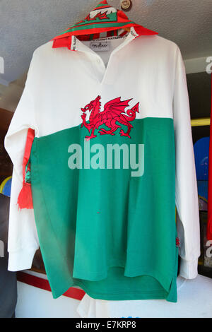 Welsh rugby top in shop window, Brecon, Brecon Beacons National Park, Powys, Wales, United Kingdom Stock Photo