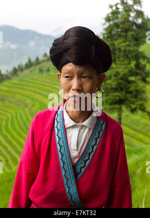 Yao woman of Longji area demonstrating their long hair. Stock Photo