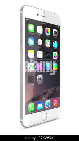 Apple Silver iPhone 6 Plus showing the home screen with iOS 8. Stock Photo