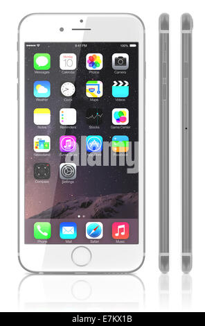 Apple Silver iPhone 6 Plus showing the home screen with iOS 8. View side of iPhone. Stock Photo