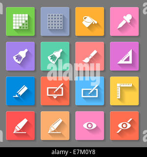 Set of flat square buttons with drawing functions on the gray background Stock Photo