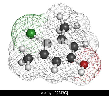 Chloroxylenol antiseptic molecule. Disinfectant used against bacteria, algae, fungi and viruses. Atoms are represented as sphere Stock Photo