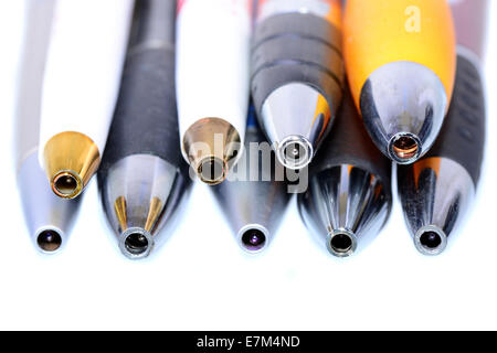 Macro shot of the tip of ballpoint pens isolated on a white background Stock Photo