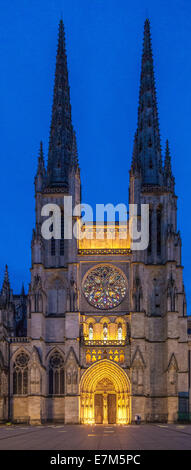 The Catholic Cathedral St. Andre, Bordeaux France in the evening with the light providing a warm glow as the evening sky darkens Stock Photo