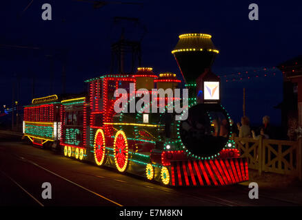 Blackpool Illuminations. The famous illuminated trams, this one in the form of an US Steam Locomotive Stock Photo