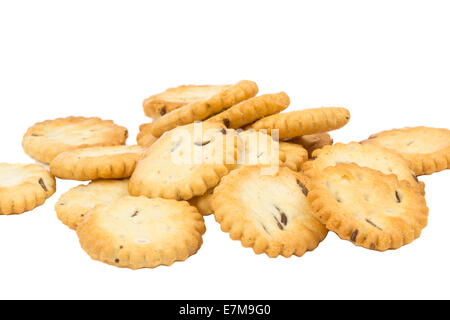 Salted crackers whit caraway seeds isolated on white background Stock Photo