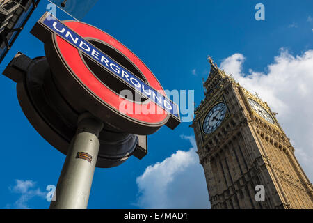 London Transport Logo and Big Ben, dramatic angle Stock Photo
