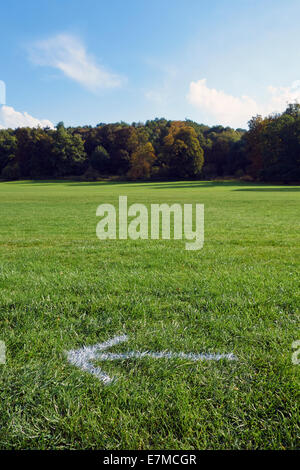 White Arrow Painted On Grass - direction this way pointing Stock Photo