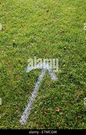 White Arrow Painted On Grass. Stock Photo