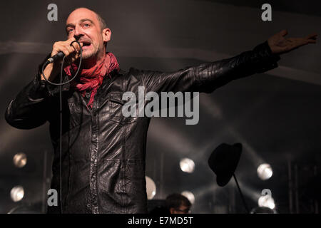 Tommaso Cerasuolo lead singer of Perturbazione, an Italian rock band, live concert on the stage of 'Ritmika 2014 Free Festival', at Turin. Stock Photo