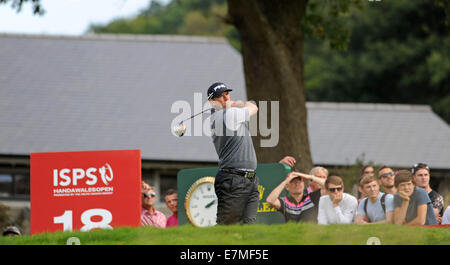 Newport, Wales, UK. 21st Sep, 2014. ISPS Handa Wales Open Golf final day at the Celtic Manor Resort in Newport, UK.  Lee Westwood of England tees off on the 18th. Credit:  Phil Rees/Alamy Live News Stock Photo