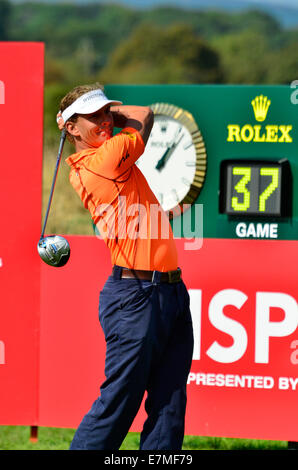 Newport, Wales, UK. 21st Sept 2014. Joost Luiten from the Netherlands tees of on the 1st at The Wales Open Golf.Robert Timoney/Alamy/LiveNews Stock Photo