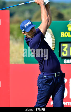 Newport, Wales, UK. 21st Sept 2014. Gregory Havret from France tees off on the 1st at the final day of the Wales Open. Robert Timoney/AlamyLiveNews Stock Photo