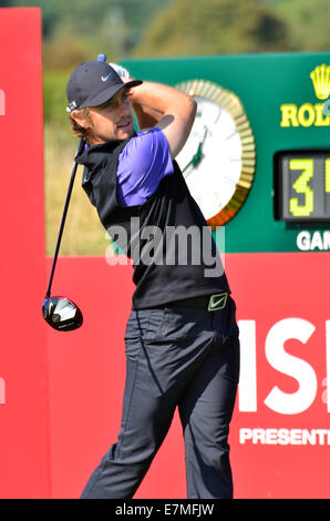 Newport, Wales, UK. 21st Sept 2014. Tommy Fleetwood from England  tees off on the 1st at the final day of The Wales Open Golf. Robert Timoney/AlamyLiveNews. Stock Photo