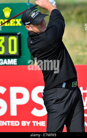 Newport, Wales, UK. 21st Sept 2014. Jamie Donaldson from wales tees off on the 1st at ISPS Wales Open Golf.  Robert Timoney/AlamyLiveNews Stock Photo