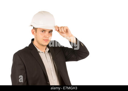 Close up Young Male Engineer in White Helmet and Black Coat. Isolated on White Background. Stock Photo
