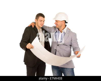 Happy Middle Age Engineers in Gray and Black Attire Holding Project Blueprint. Isolated on White Background. Stock Photo