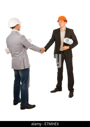 Two Male Young Engineers Shaking Hands Isolated on White Background. Stock Photo