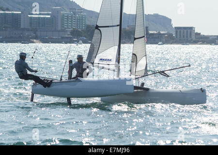 The Andrew Simpson Sailing Centre, Weymouth and Portland National Sailing Academy, Dorset, UK. 21st September, 2014. Bart's Bash is a global sailing race and fundraising event taking place at over 750 sailing clubs worldwide on Sunday 21 September 2014. Bart's Bash brings together thousands of sailors in a race aiming to set a new Guinness World Record, raise money for charity, inspire the next generation and remember Andrew 'Bart' Simpson, Gold and Silver Olympic medallist and America's Cup sailor. Credit:  Jak Bennett/Alamy Live News Stock Photo