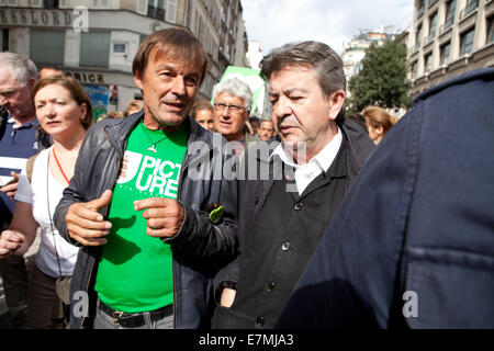 Climate March, Paris, (L) Nicolas Hulot, Nicolas Hulot, officier de la Légion d'honneur, chevalier des Arts et Lettres, the founder and president of the Fondation Nicolas-Hulot, an environmental group first created in 1990, (R ) Jean-Luc Mélenchon,  is a French politician Stock Photo