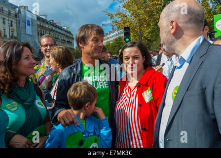 Paris, France, Public Demonstration, International Climate Change March in Paris, French Green party politicians, 'Emmanuelle Cosse', Secretary and Denis Baupin, Nicolas Hulot, woman climate protest, women politics, women politicians Stock Photo