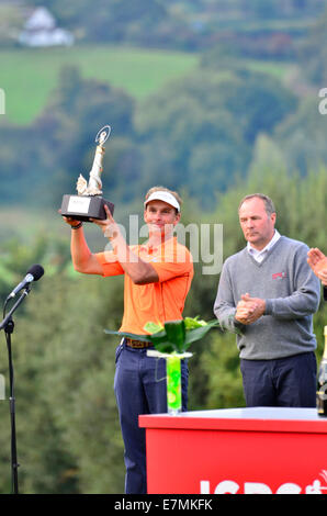 Newport, Wales, UK. 21st Sep, 2014. Joost Luiten from the Netherlands seen holding the ISPS Wales Open Golf Trophy. ROBERT TIMONEY/Alamy/live/news Stock Photo