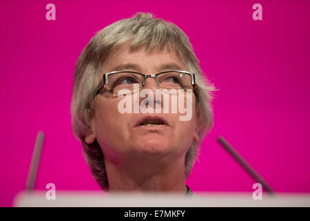 Manchester, UK. 21st Sep, 2014. Maggie Ryan of Unite addresses the auditorium on day one of the Labour Party's Annual Conference taking place at Manchester Central Convention Complex Credit:  Russell Hart/Alamy Live News. Stock Photo