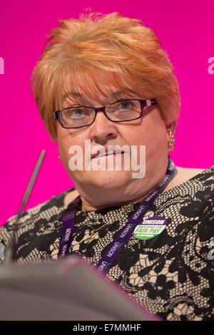 Manchester, UK. 21st Sep, 2014. Wendy Nichols of Unison, addresses the auditorium on day one of the Labour Party's Annual Conference taking place at Manchester Central Convention Complex Credit:  Russell Hart/Alamy Live News. Stock Photo