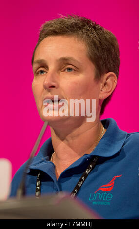 Manchester, UK. 21st Sep, 2014. Kate Osborne of Unite, addresses the auditorium on day one of the Labour Party's Annual Conference taking place at Manchester Central Convention Complex Credit:  Russell Hart/Alamy Live News. Stock Photo