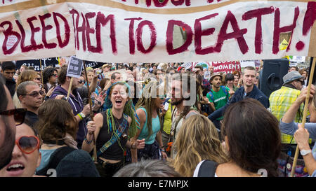 A group of demonstrators hold placards and a banner during the Climate Change demonstration, London, 21st September 2014. © Sue Cunningham Stock Photo