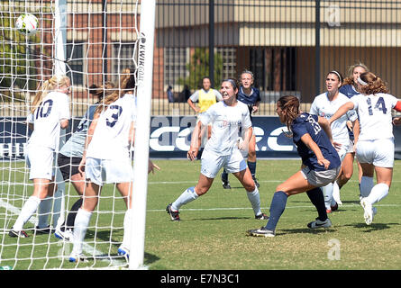 Washington, DC, USA. 21st Sep, 2014. Georgetown forward Vanessa Skrumbis (13), right, scores against Duquesne in the first half at Shaw Field in Washington. Georgetown defeated Duquesne, 2-0. Credit:  Chuck Myers/ZUMA Wire/Alamy Live News Stock Photo