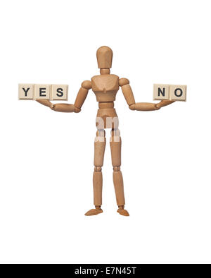 Figurine presenting choice of yes or no isolated on white background Stock Photo