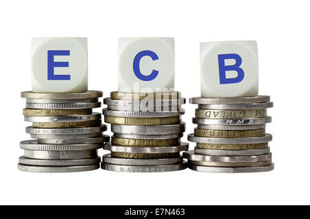 Stacks of coins with the letters ECB isolated on white background Stock Photo