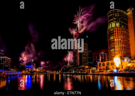 Spectacular fireworks along the Yarra River light up the night sky over Melbourne Australia. Stock Photo