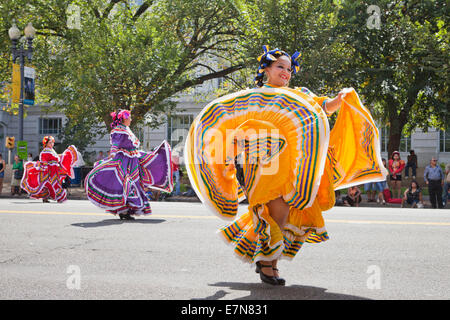 Dancers performing Jarabe Tapatio (Mexican Hat dance) at outdoor festival - Washington, DC USA Stock Photo
