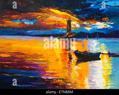 Original oil painting of  lighthouse and boats on canvas.Rich golden  Sunset over ocean.Modern Impressionism Stock Photo